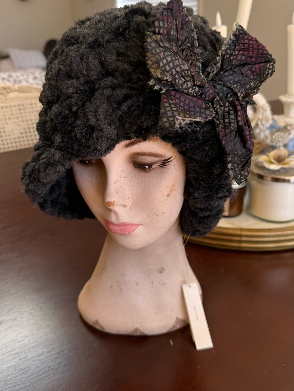 Grevi Black Faux Fur Cloche Hat with Patterned Bow Accent